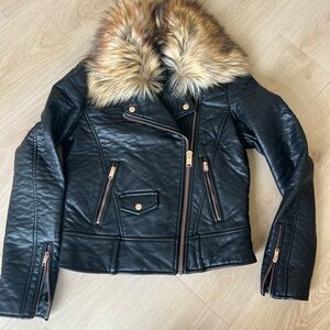 Marc New York Black Faux Leather Moto Jacket with Tan Faux Fur Collar